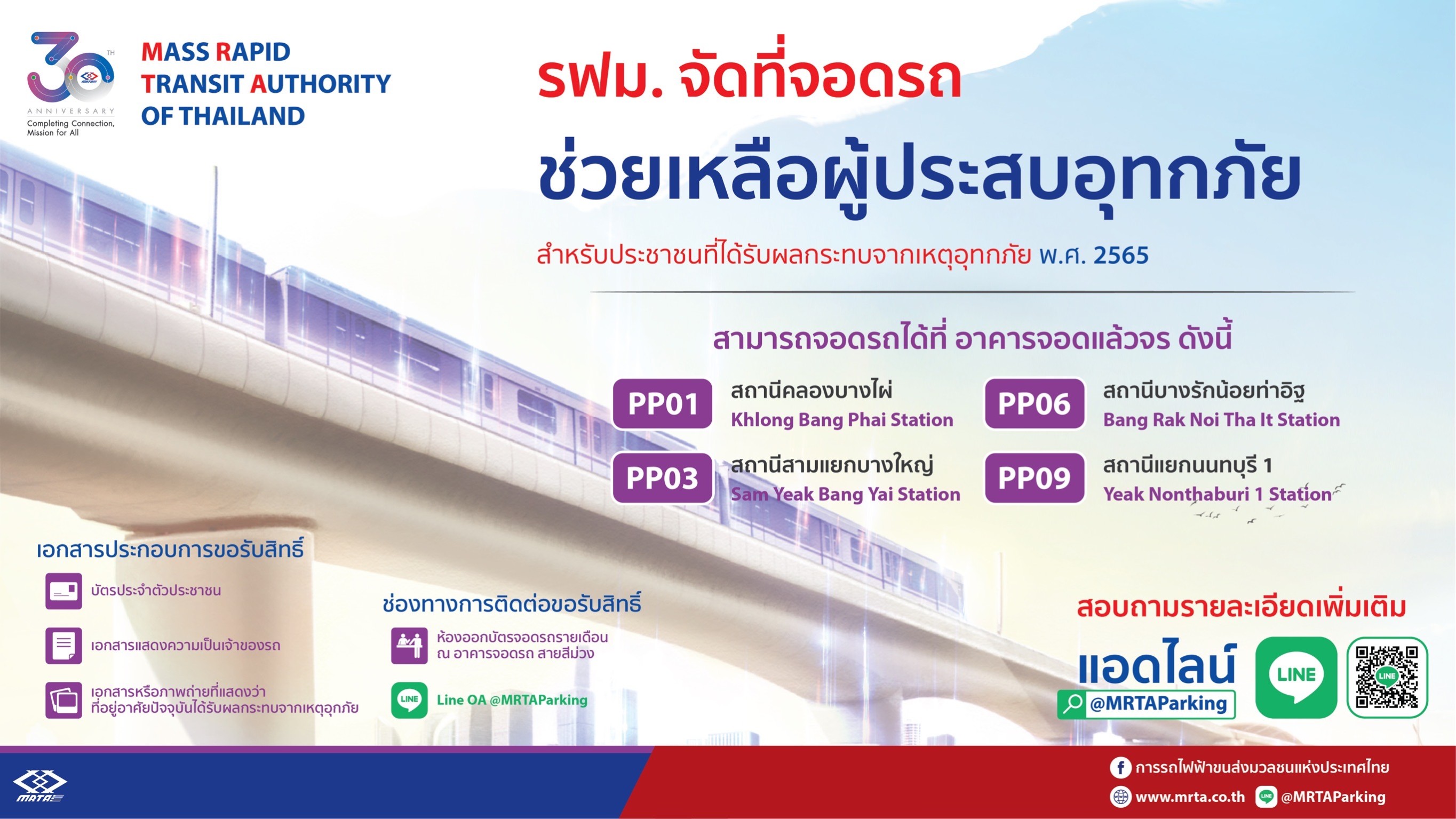 รฟม. จัดที่จอดรถ MRT สายสีม่วง 4 แห่ง ช่วยเหลือผู้ประสบอุทกภัย