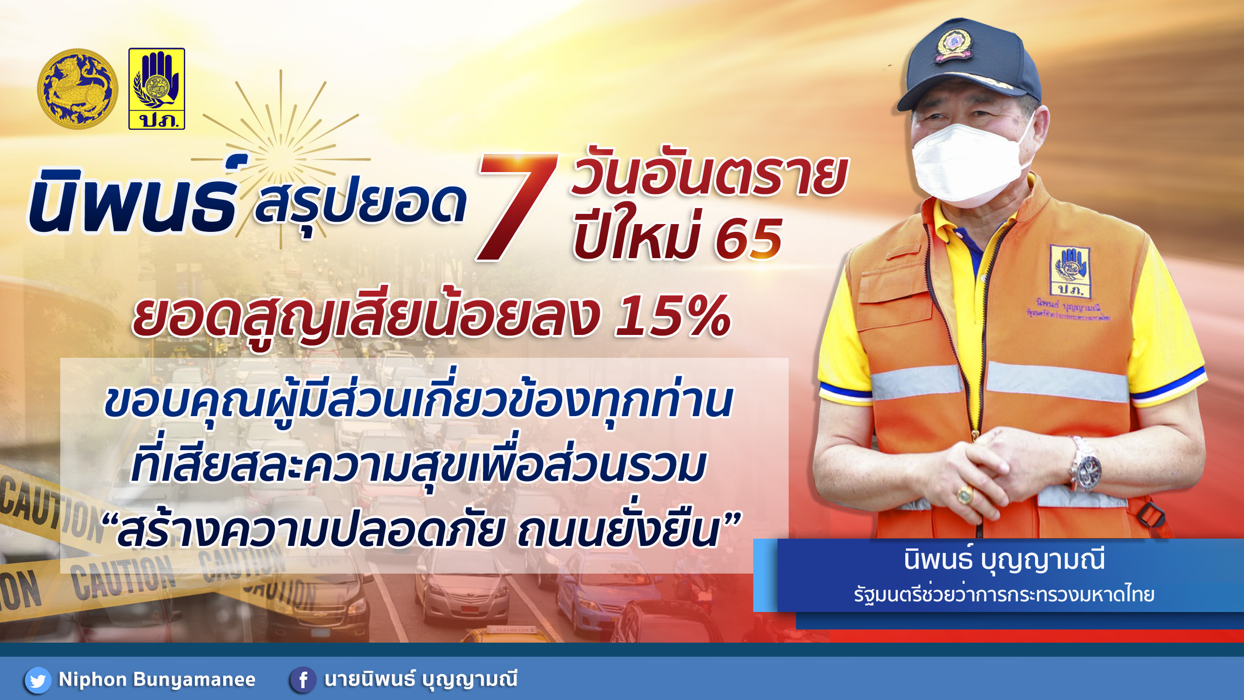 "นิพนธ์" ขอบคุณทุกความร่วมมือทั้ง "ภาครัฐ-เอกชน" ช่วยลดความสูญเสียชีวิตทางถนนในช่วงปีใหม่ 15 เปอร์เซ็นต์