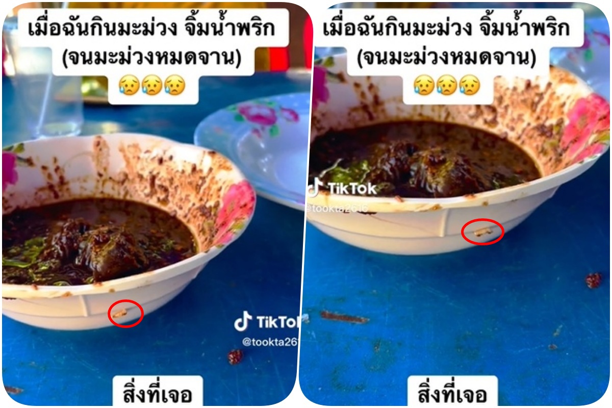 แทบอ้วก!! กินหมดเพิ่งจะเห็น “มะม่วงจิ้มน้ำพริกปลาร้า” มีหนอนไต่อยู่ในชาม