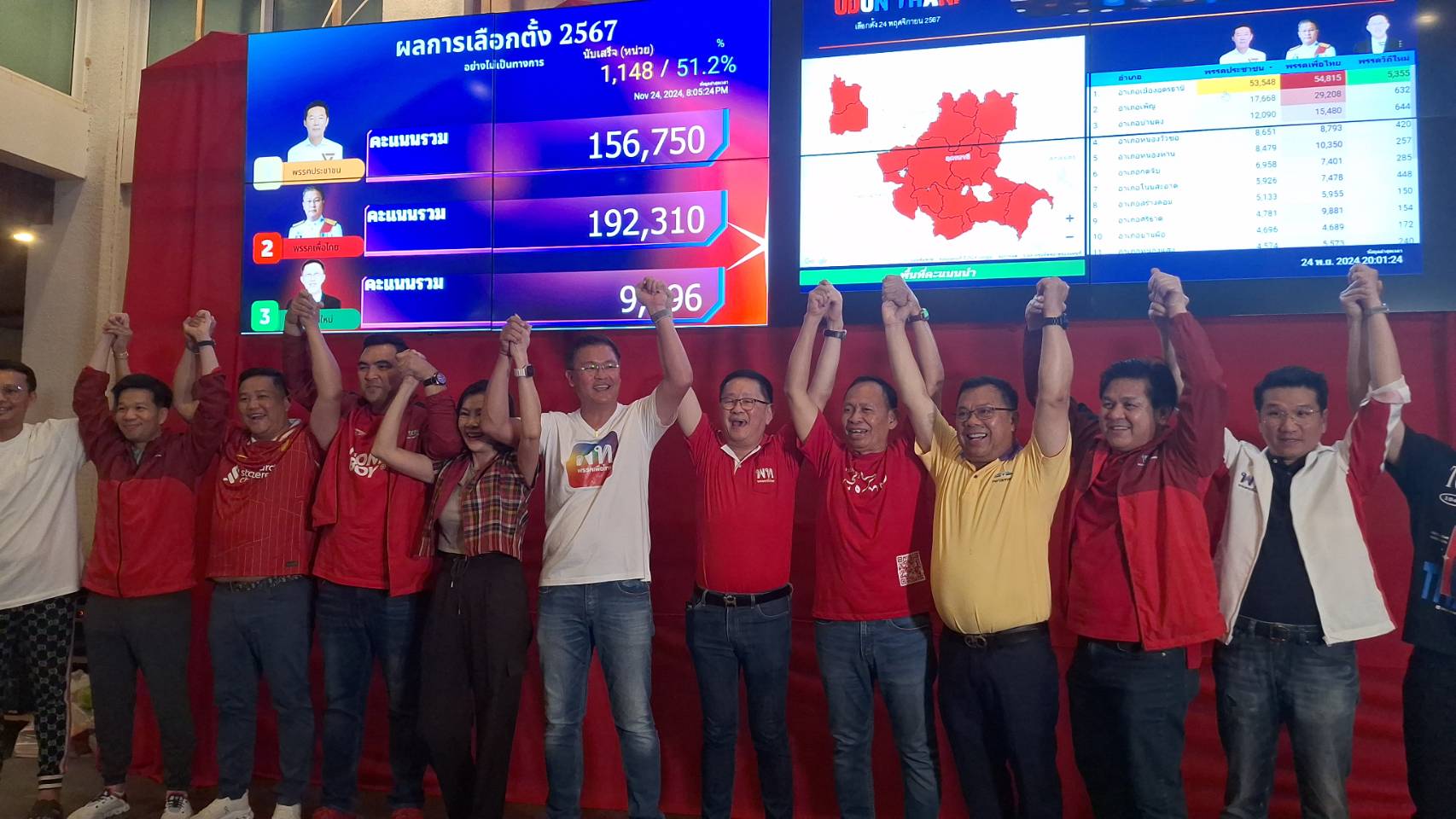 "ประเสริฐ จันทรรวงทอง" ชูมือ "ศราวุธ เพชรพนมพร" ประกาศชัยชนะเป็นว่าที่นายกอบจ.อุดรฯ