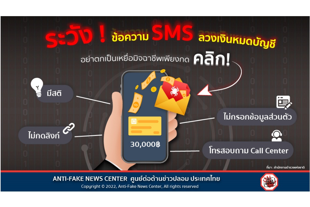 ตร. เตือนระวัง! ข้อความ SMS กลลวงมิจฉาชีพ เพียงคลิกเดียวเงินเกลี้ยงบัญชี