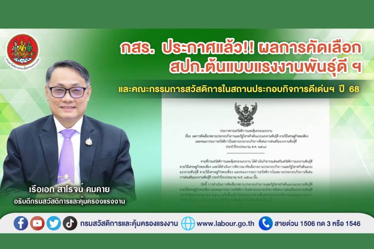กสร. ประกาศแล้ว!! ผลการคัดเลือก สปก.ต้นแบบแรงงานพันธุ์ดีฯ-คณะกรรมการสวัสดิการในสถานประกอบกิจการดีเด่นฯ ปี 68