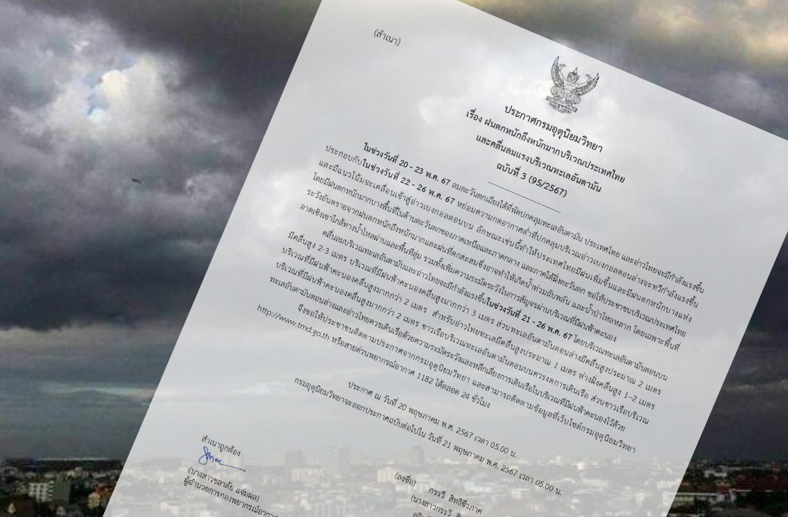กรมอุตุฯ ประกาศฉบับ 3 เตือน! ฝนตกหนักมากบางพื้นที่ เหนือ - กลาง - ใต้ อันดามันคลื่นสูง 2-3 เมตร