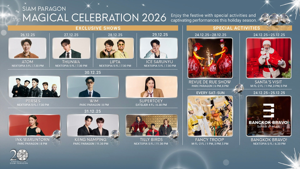 สยามพารากอน เปิดไลน์อัพศิลปินร่วมเคานต์ดาวน์สู่ศักราชใหม่ จัดเต็มความมันส์ต่อเนื่อง 6 วัน ถึงคืนเค้าท์ดาวน์ 