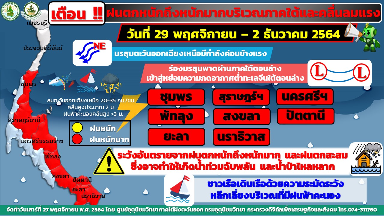 จ่อวิกฤติ 8 จังหวัดใต้ "น้ำท่วม" ฝนตกหนักมากระลอกใหม่ ช่วง 29 พ.ย.- 2 ธ.ค.