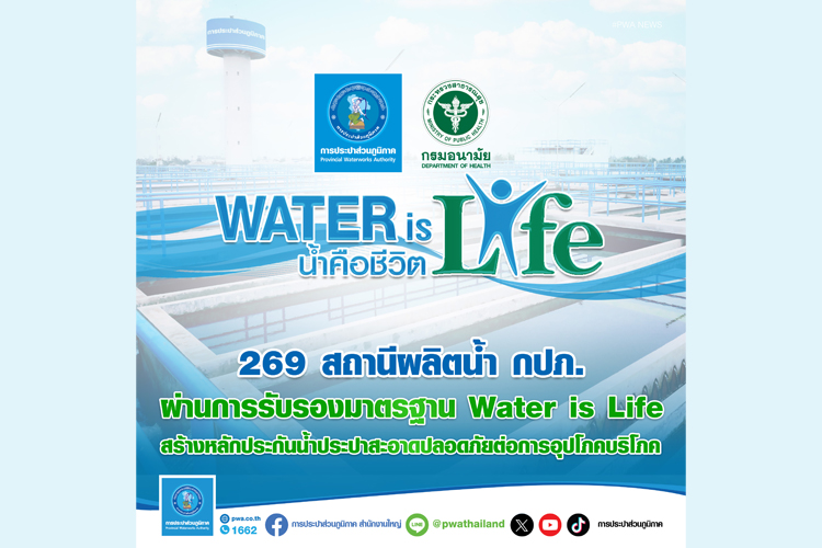 269 สถานีผลิตน้ำ กปภ. ผ่านการรับรองมาตรฐาน Water is Life จากกรมอนามัย 