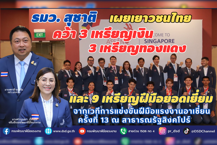 เด็กไทยเจ๋งคว้า 3 เงิน 3 ทองแดง 9 เหรียญฝีมือยอดเยี่ยม แข่งขันฝีมือแรงงานอาเซียน สิงคโปร์