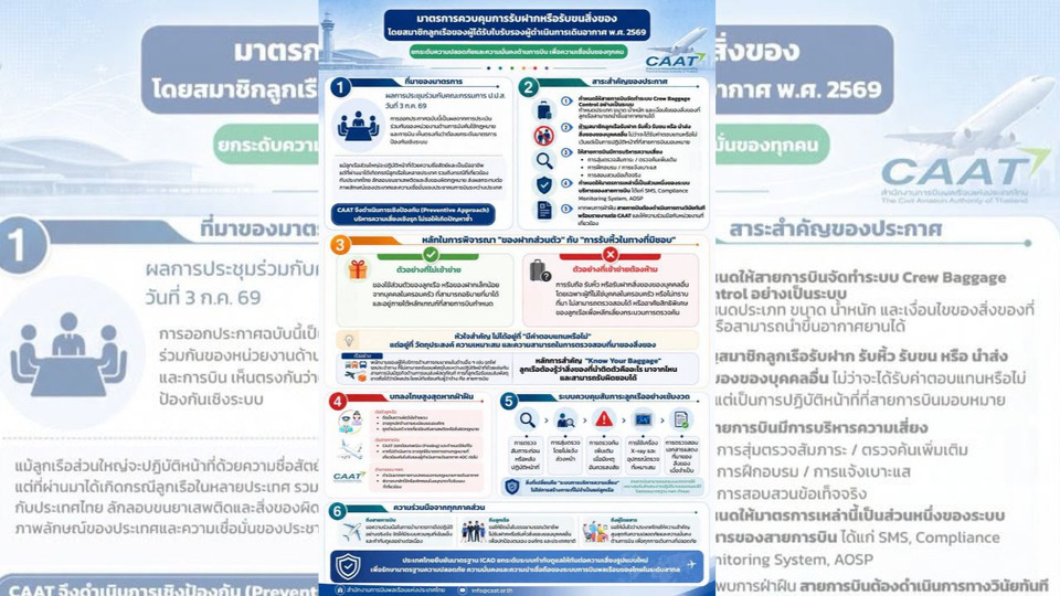 CAAT ออกมาตรการคุมเข้มลูกเรือ ห้ามรับฝาก-รับหิ้วของผู้อื่น ยกระดับความปลอดภัยการบิน