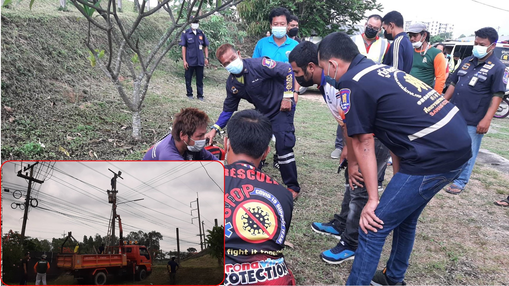 หนุ่มช่างรับเหมาติดตั้งไฟฟ้า พลาดถูกไฟช็อตร่างห้อยคาเสาบาดเจ็บ