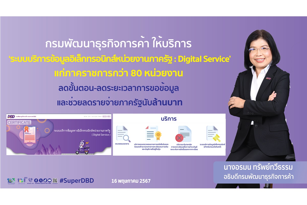 พณ.เผย Digital Service ให้บริการภาคราชการกว่า 80 หน่วยงาน ลดขั้นตอน-ลดระยะเวลาการขอข้อมูล-ลดรายจ่ายภาครัฐ    