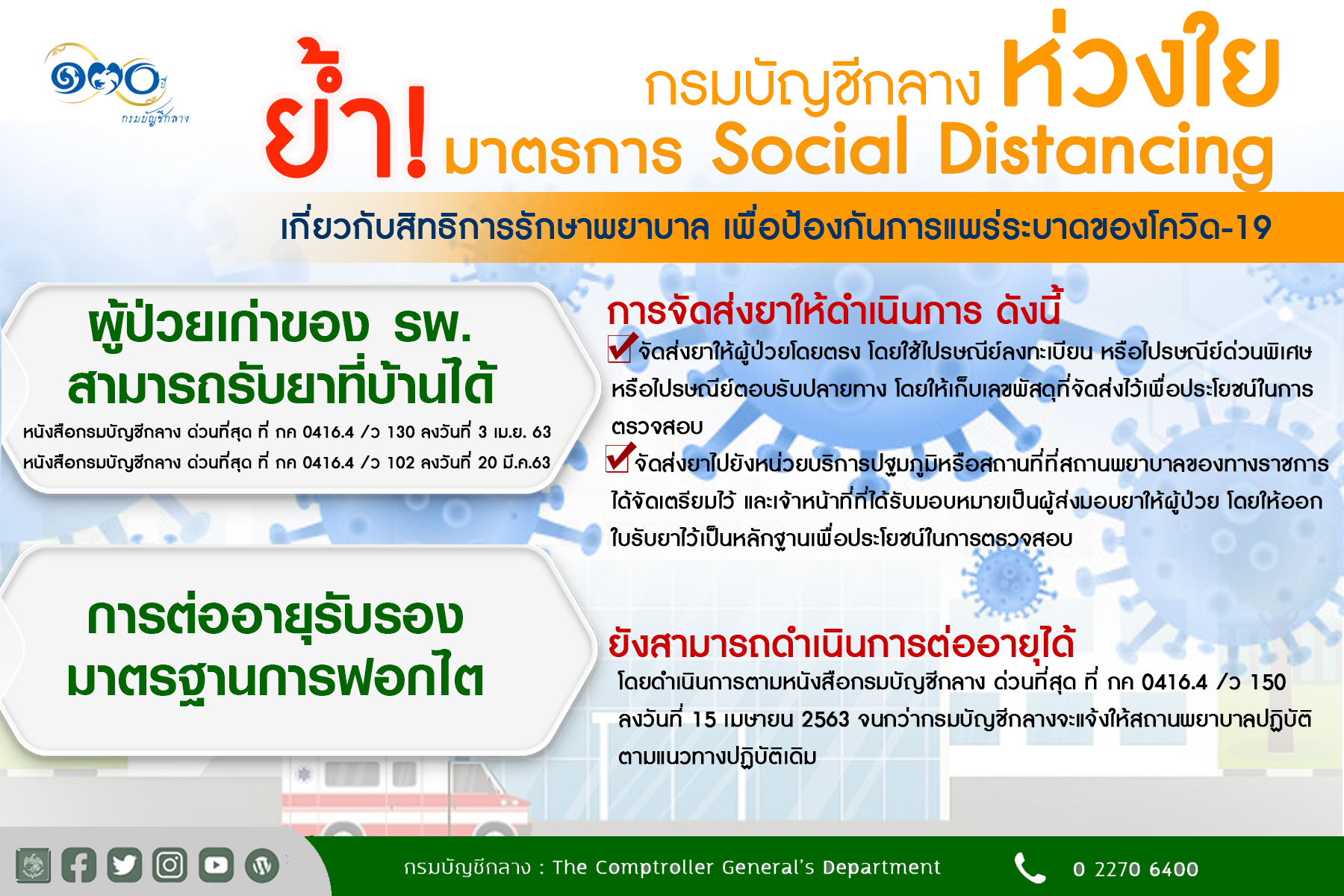 กรมบัญชีกลางย้ำมาตรการ Social Distancing รับยาที่บ้านสวัสดิการค่ารักษาพยาบาลสกัดโควิดรอบใหม่