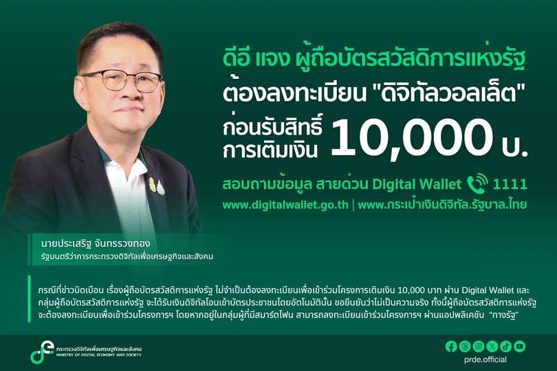"ดีอี" แจงผู้ถือบัตรสวัสดิการแห่งรัฐต้องลงทะเบียนดิจิทัลวอลเล็ต ก่อนรับสิทธิ์เติมเงินหมื่นบาท