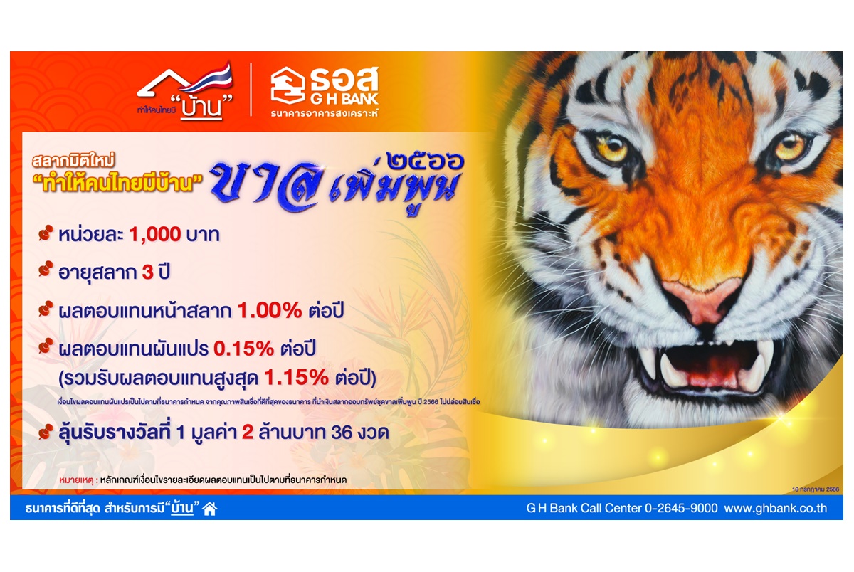 ธอส.เปิดขายสลากออมทรัพย์ “ขาลเพิ่มพูนปี 2566” หน่วยละ 1,000 บาท ดบ.หน้าสลากสูงสุด 1.15% ต่อปี ลุ้นรางวัลสูงสุด 2 ล้านบาททุกเดือน 