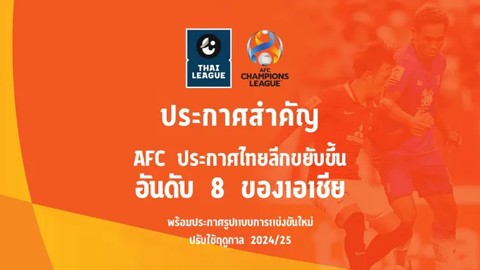 AFC ประกาศ "ไทยลีก" ขยับขึ้นที่ 8 ของเอเชีย ปรับรูปแบบแข่งขันใหม่ฤดูกาล 2024/25