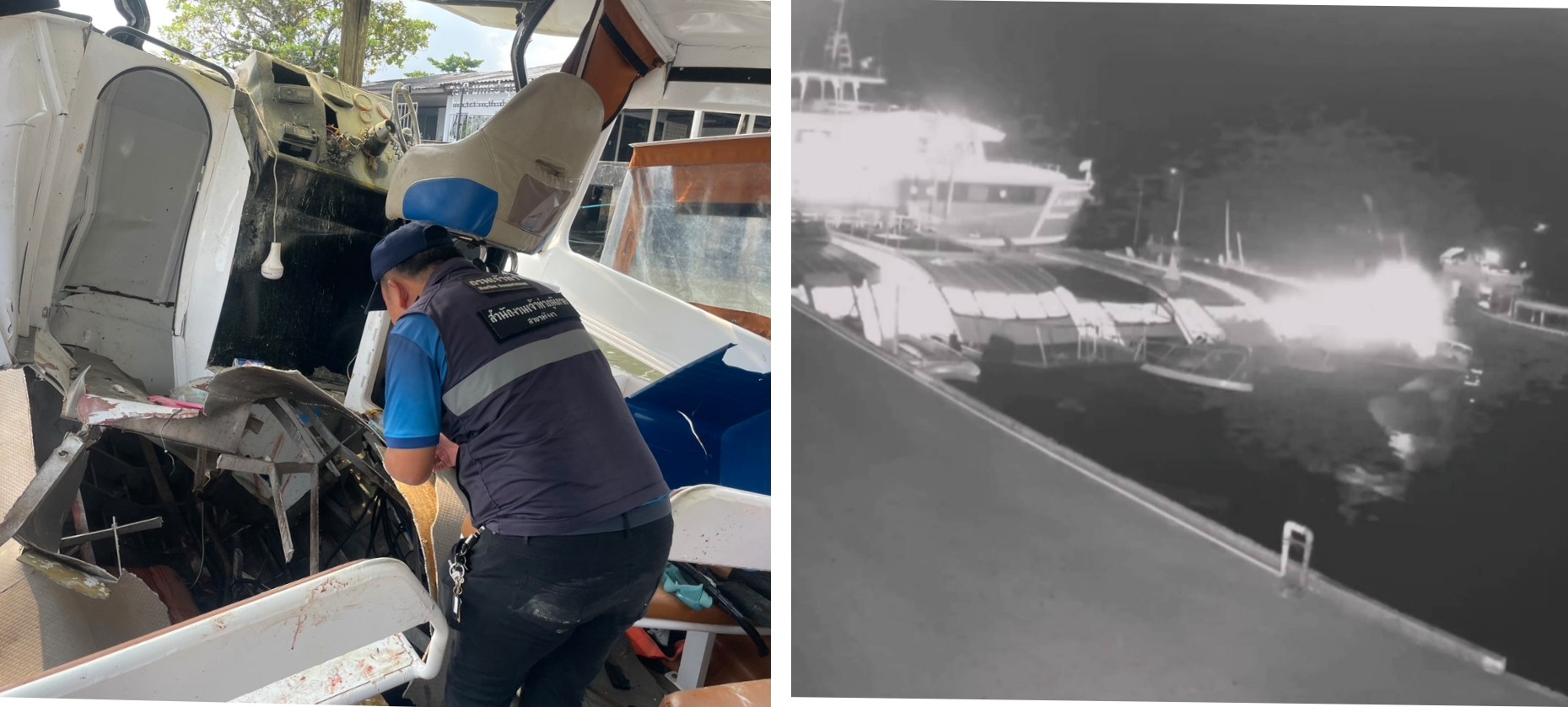  วงจรปิด! จับภาพเรือสปีดโบ๊ทระเบิดที่ท่าเรือบ้านทับละมุ คนประจำเรือตาย1เจ็บ1