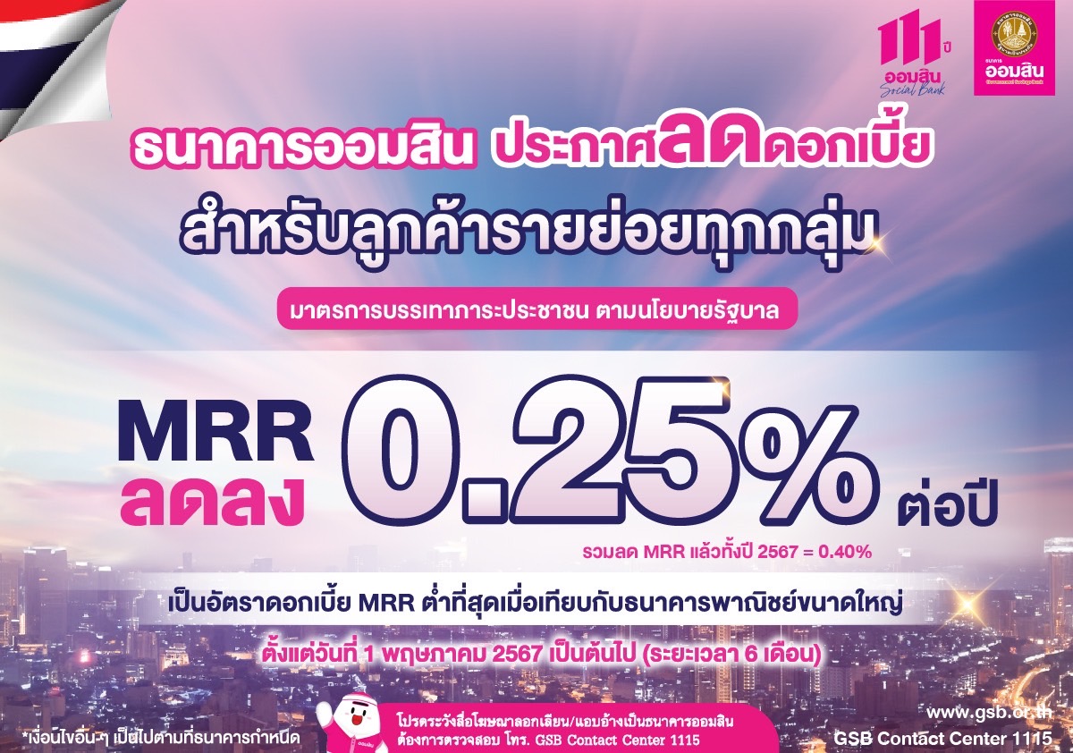 "ออมสิน" ลดดอกเบี้ย MRR ลง 0.25% ช่วยเหลือลูกค้ารายย่อยทุกกลุ่ม มีผล 1 พ.ค.67