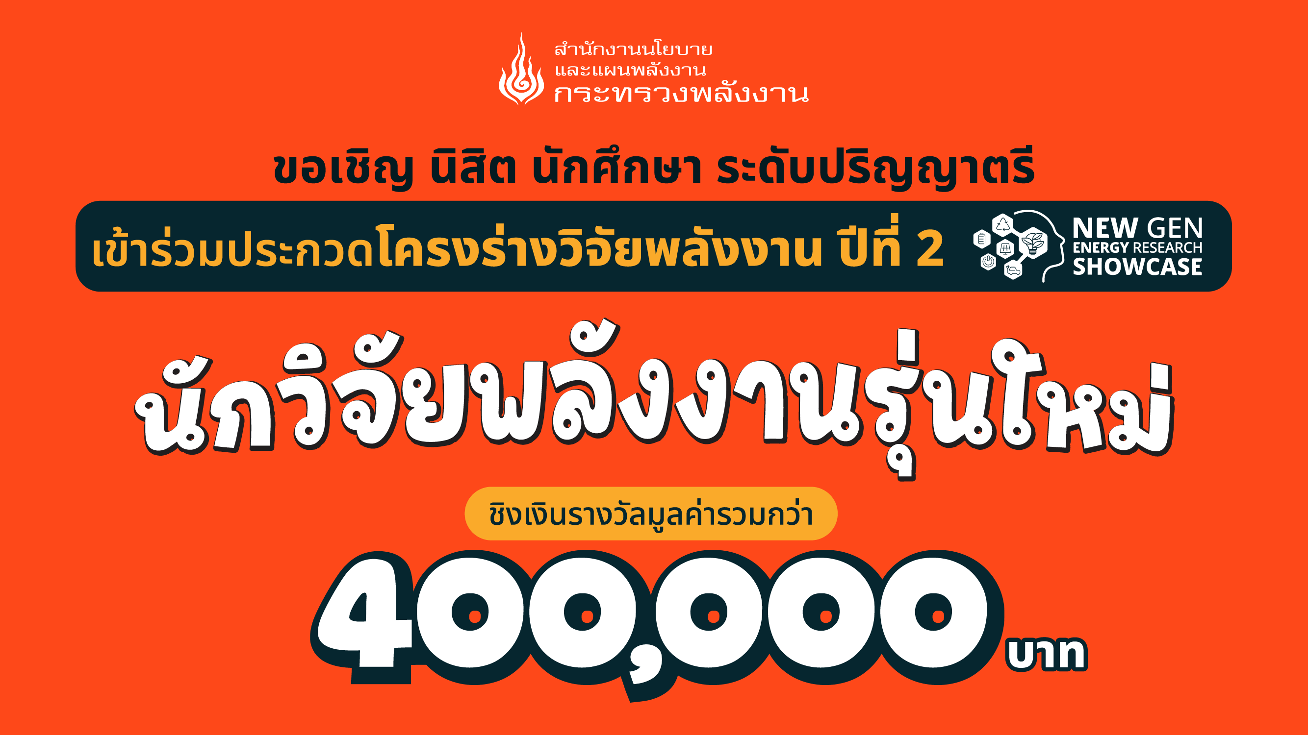 สนพ. เริ่มแล้ว!! การประกวดโครงร่างวิจัยพลังงาน ปีที่ 2 ค้นหานักวิจัยพลังงานรุ่นใหม่ ชิงเงินรางวัลมูลค่ารวมกว่า 400,000 บาท