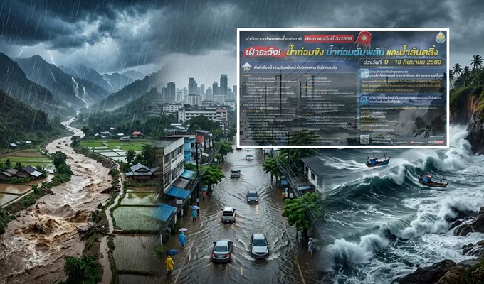 ด่วนที่สุด! สทนช. ออกประกาศฉบับ 3 เตือนภัยขั้นแดงทั่วไทย 9–13 ก.ย. รับมือฝนถล่มหนัก เสี่ยงน้ำท่วมฉับพลัน-ดินโคลนถล่ม