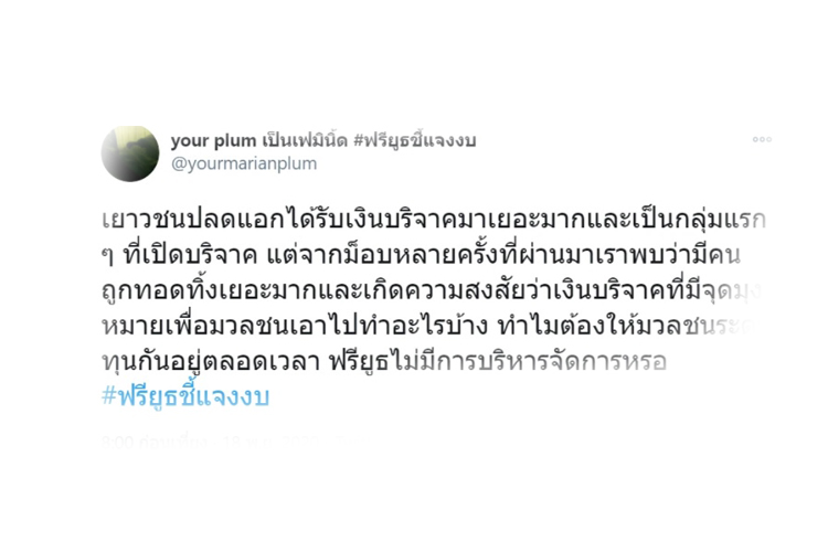 #ฟรียูธชี้แจงงบ จี้ถามความโปร่งใส “ม็อบปลดแอก”เงินบริจาคเอาไปทำอะไร