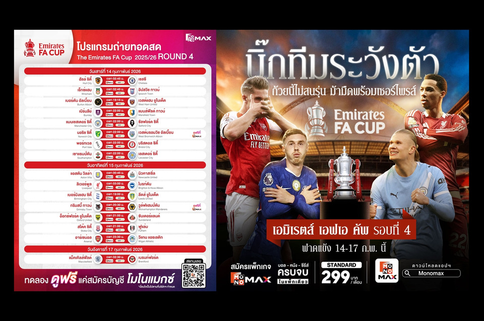 "JAS" จัดเต็ม FA Cup รอบ 4 ชี้ชะตา 16 ทีมสุดท้าย "Monomax" ยิงสดครบ 14–17 ก.พ.นี้