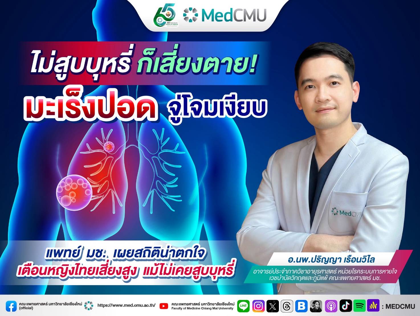 มะเร็งปอดจู่โจมเงียบ แพทย์ มช. เผยสถิติน่าตกใจ เตือนหญิงไทยเสี่ยงสูง แม้ไม่เคยสูบบุหรี่