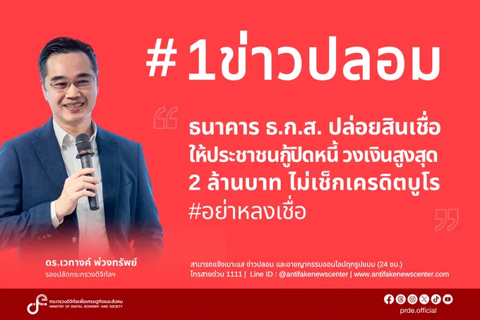 “ดีอี” เตือน“มิจฉาชีพ”โพสต์ข่าวปลอม “ธ.ก.ส.” ปล่อยสินเชื่อให้ประชาชนกู้ปิดหนี้ วงเงินสูงสุด 2 ล้านบาท