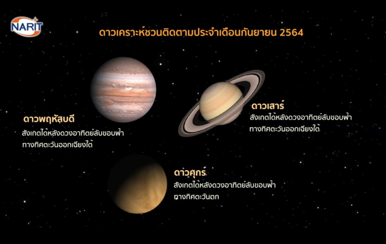 ชวนปักหมุด!ปรากฏการณ์ดาราศาสตร์น่าติดตามก.ย.นี้     ชมดาวพฤหัสฯ-ศุกร์-เสาร์-วันคืนยาวเท่ากัน 
