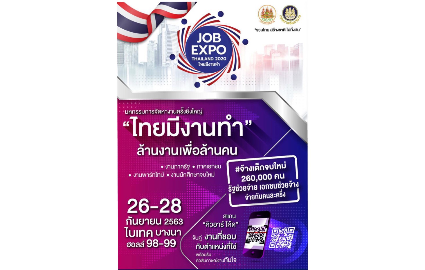  กระทรวงแรงงาน จับมือทุกภาคส่วน จ้างเด็กจบใหม่ 260,000 อัตรา พร้อมช่วยคนไทยมีงานทำรวม 1 ล้านอัตรา 