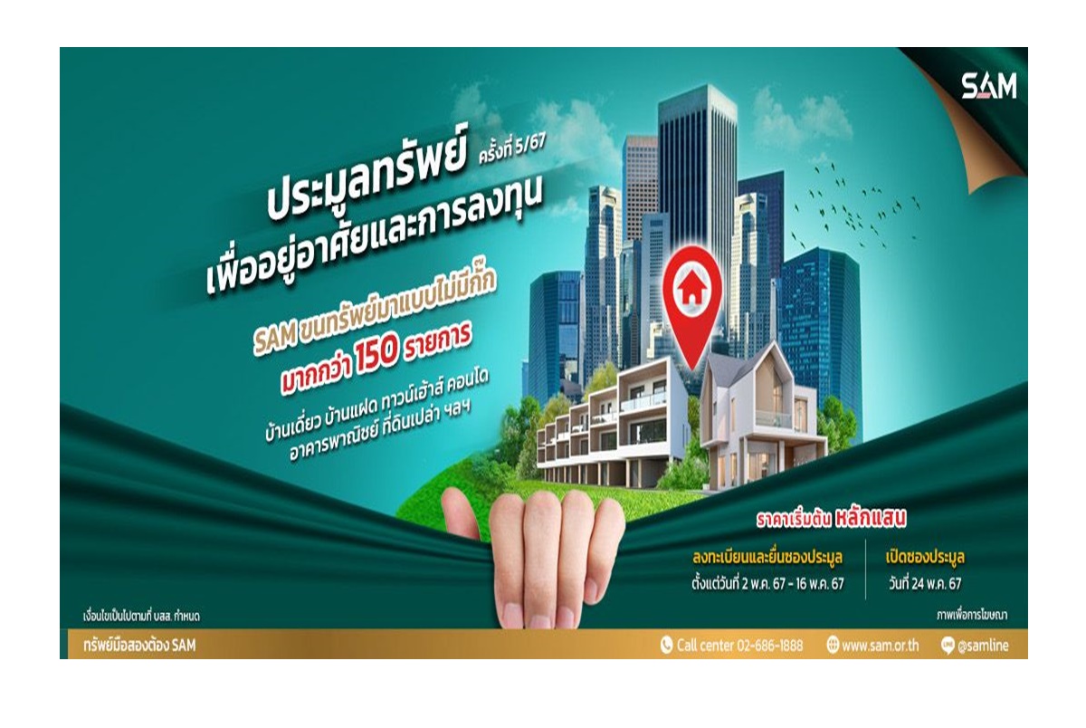 SAM คัดทรัพย์มือสองเพื่ออยู่อาศัยและการลงทุน ราคาต่ำกว่า 20 ล้านทำเลดีทั่วประเทศกว่า 150 รายการ ประมูล 24 พ.ค.นี้