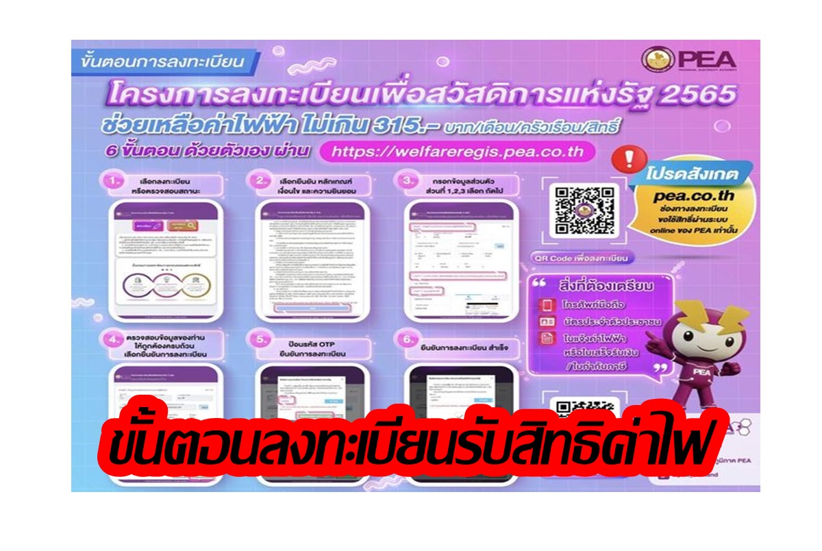 เช็คเลย! PEA แนะนำขั้นตอนลงทะเบียนรับสิทธิบัตรสวัสดิการแห่งรัฐสนับสนุนค่าไฟฟ้า เริ่มพรุ่งนี้(15มี.ค.)