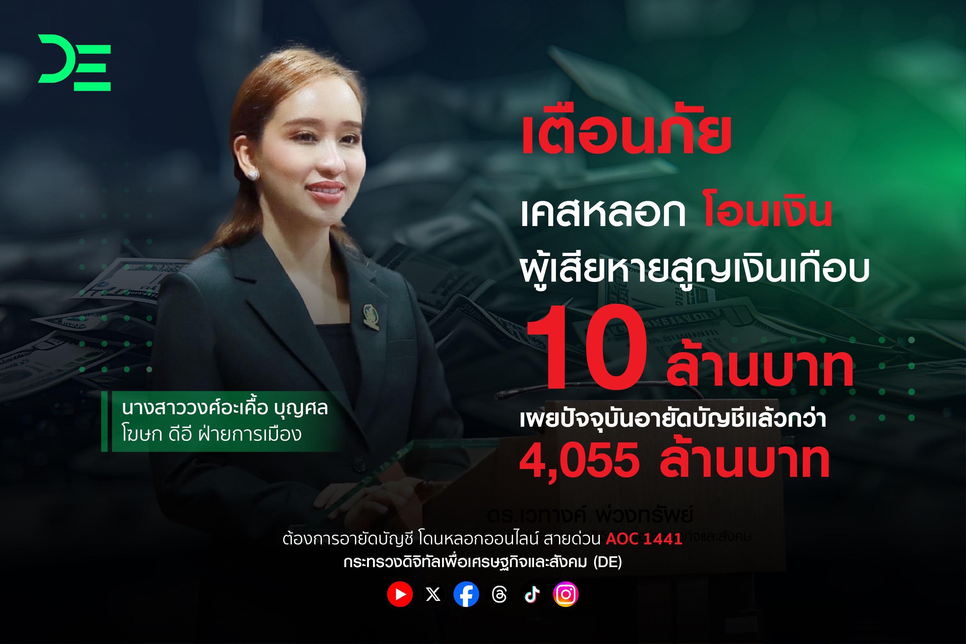 AOC1441 เตือนภัยออนไลน์ พบ 5 เคส ถูกหลอกโอนเงินรวมกว่า 10 ล้าน เผยปัจจุบันอายัดบัญชีแล้วกว่า 4 พันล.