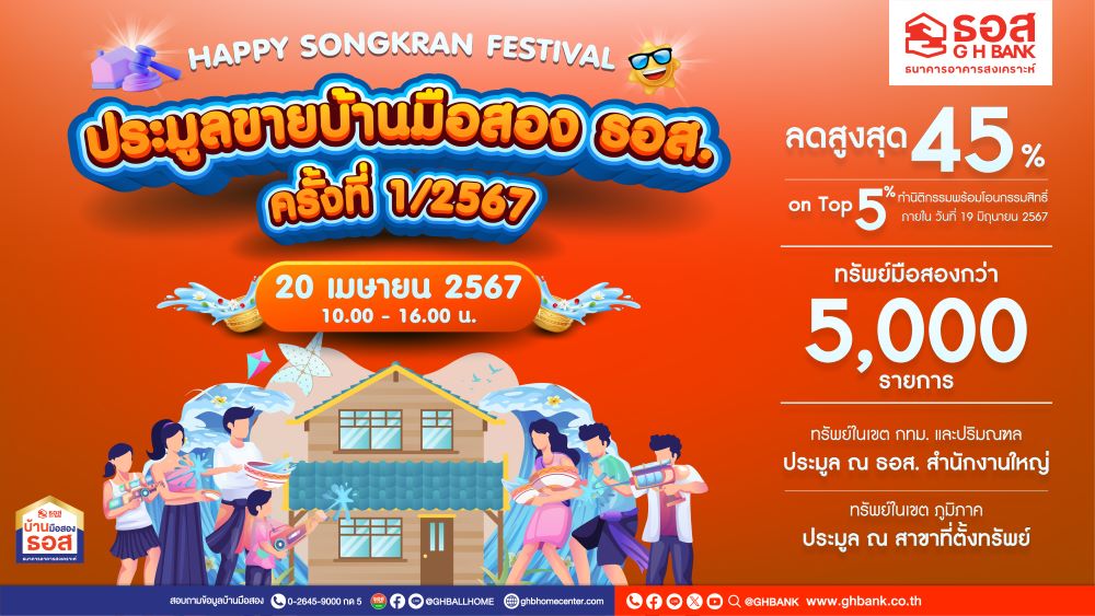 ธอส.!ประมูลขายบ้านมือสอง ครั้งที่ 1/2567 ทรัพย์เด่น ทำเลดี กว่า 5,000 รายการ ลดสูงสุดถึง 45% On top อีก 5% เสาร์ที่ 20 เม.ย.นี้ 