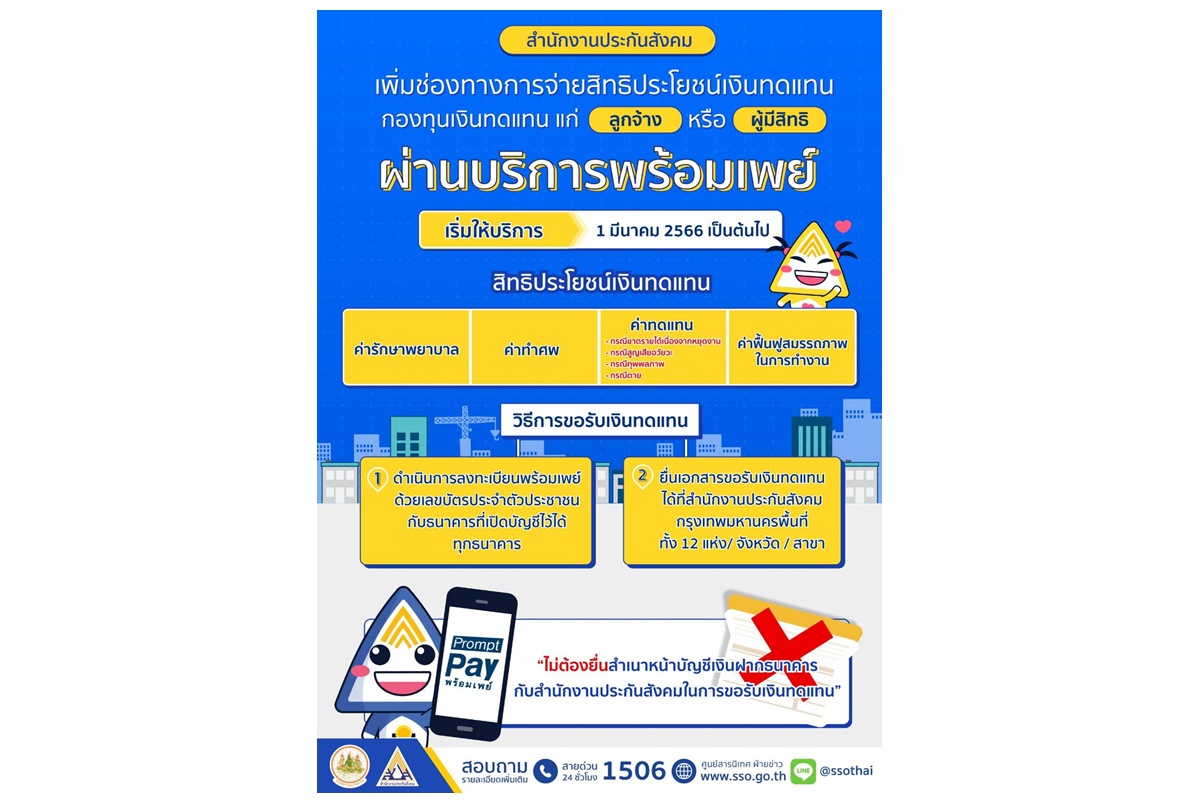 "ประกันสังคม" เพิ่มช่องทางการจ่ายเงินกองทุนเงินทดแทน ผ่านบริการ “พร้อมเพย์” ดีเดย์ 1 มี.ค.นี้