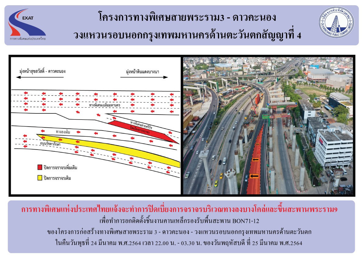 กทพ.แจ้งปิดเบี่ยงจราจรบริเวณทางลงบางโคล่และทางขึ้นสะพานพระราม9  