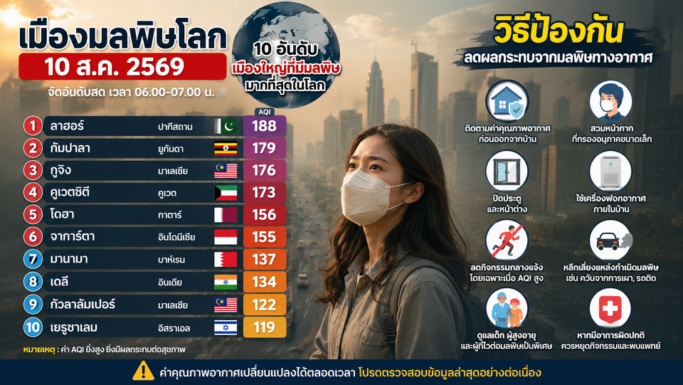 เมืองมลพิษโลก 10/08/69 ลาฮอร์ขึ้นอันดับ 1 AQI 188