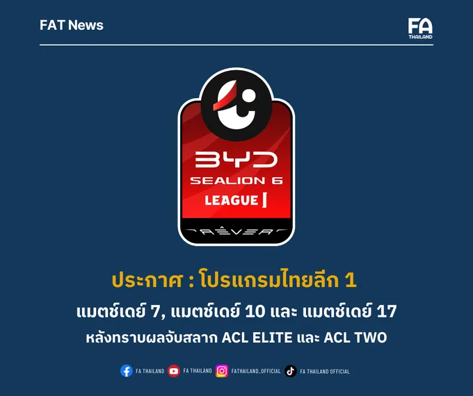 โปรแกรมฟุตบอลไทยลีก 1 แมตช์เดย์ 7, แมตช์เดย์ 10 และ แมตช์เดย์ 17 หลังทราบผลจับสลากฟุตบอล ACL Elite และ ACL Two 