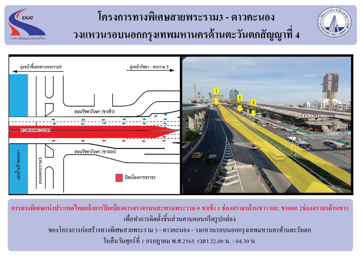 "กทพ."แจ้งปิดเบี่ยงการจราจรช่องทางขวาบนสะพานพระราม 9 (ขาเข้าและขาออก)  
