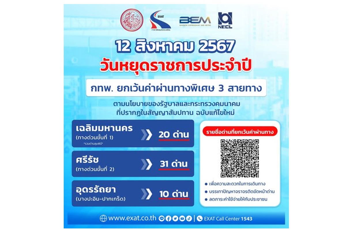 วิ่งฟรีทั้งวันเลย! 12 สิงหาคม 2567 กทพ.ยกเว้นค่าผ่านทางพิเศษ 3 สายทาง 61 ด่าน