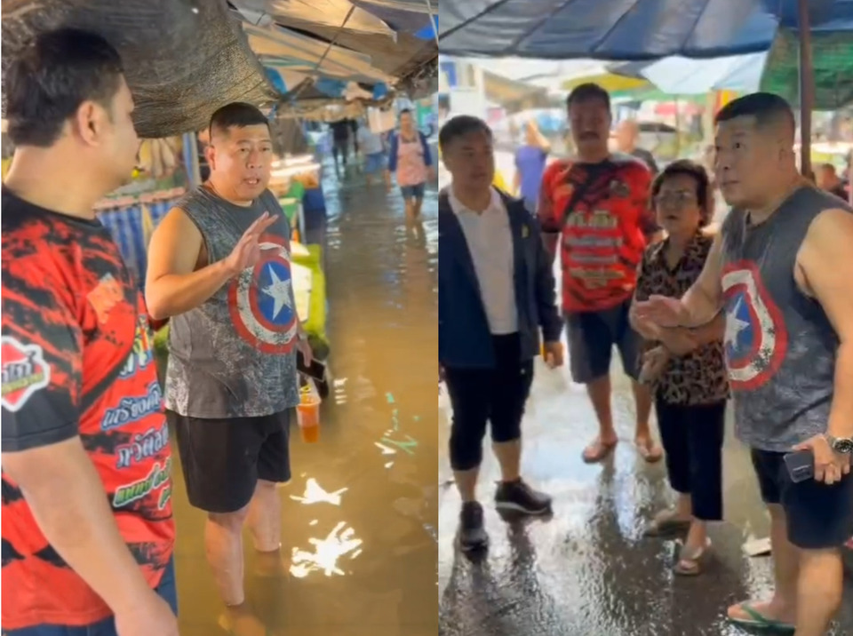 ปลัดอาวุโสสามพรานใส่เสื้อกล้ามลุยน้ำ คุมสถานการณ์น้ำเอ่อตลาดดอนหวาย 