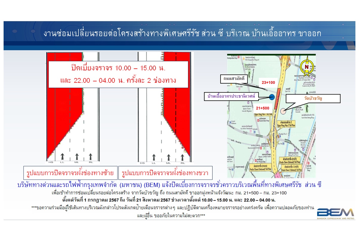 "BEM" แจ้งเบี่ยงการจราจรชั่วคราว บริเวณบ้านเอื้ออาทรประชานิเวศน์ขาออก 2 ช่องทางตามช่วงเวลา 