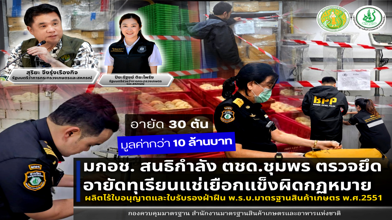 บุกจับโรงงานทุเรียนแช่แข็งเถื่อนชุมพร อายัดกว่า 30 ตัน มูลค่ากว่า 10 ล้าน