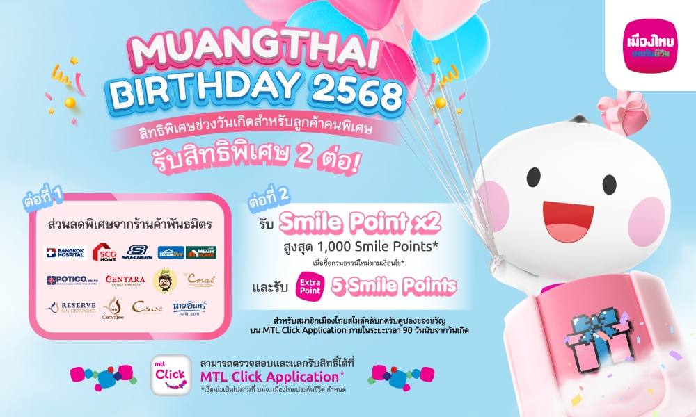 เมืองไทยประกันชีวิต ส่งมอบสิทธิพิเศษฉลองวันเกิด สมาชิกเมืองไทยสไมล์คลับรับคะแนนสะสมคูณสอง พร้อมส่วนลดพิเศษจากพันธมิตรชั้นนำ