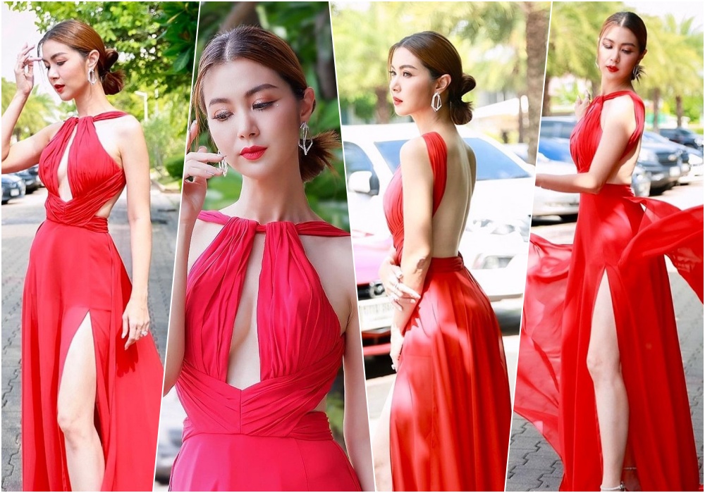 "จ๊ะจ๋า พริมรตา" แซ่บซี้ด ชุดเดรสสีแดงแหวกอก โชว์หลัง ผ่าข้าง