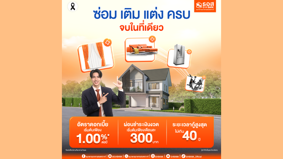 ธอส. จัดทำสินเชื่อเพื่อต่อเติม ซ่อมแซม ซื้ออุปกรณ์ ครบจบในที่เดียว ดอกเบี้ยเริ่มต้นเพียง 1.00% ต่อปี 