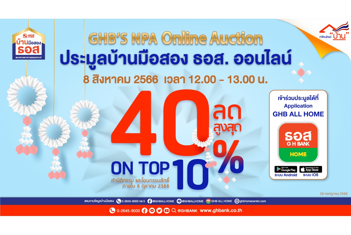 ธอส.จัดงานประมูลบ้านมือสองออนไลน์ คัดทรัพย์เด่นกว่า 900 รายการทั่วประเทศ ลดสูงสุดถึง 40% และ On Top อีก 10% 8 ส.ค.นี้วันเดียว