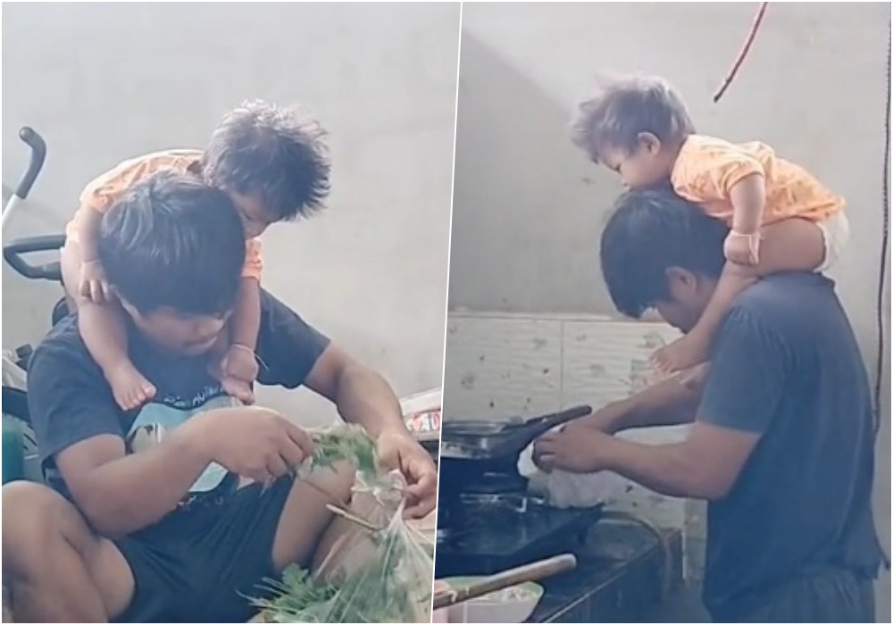 น่ารัก! "คุณพ่อ" สวมวิญญาณแม่บ้าน เข้าครัวทำกับข้าว เลี้ยงลูกไปพร้อมกัน 