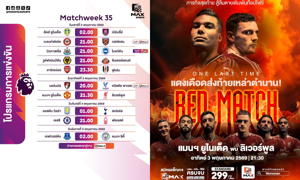 โปรแกรม "พรีเมียร์ลีก" เดือด! "แมนยู" ชน "ลิเวอร์พูล" ขณะที่ "อาร์เซนอล-แมนซิตี้" ลุ้นจ่าฝูง 2-5 พ.ค.นี้