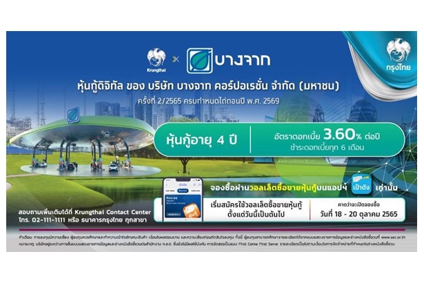 บางจากฯ-กรุงไทยเสนอขายหุ้นกู้ดิจิทัลบางจาก ครั้งแรกบนแอปฯเป๋าตัง วงเงินรวม 3,000 ล้านบาท ดอกเบี้ย 3.60% 