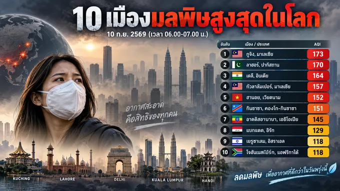 10 เมืองมลพิษสูงสุดในโลก 10/09/69 กูจิงขึ้นอันดับ 1 AQI 173 กรุงเทพฯ ยังไม่ติดท็อป 10