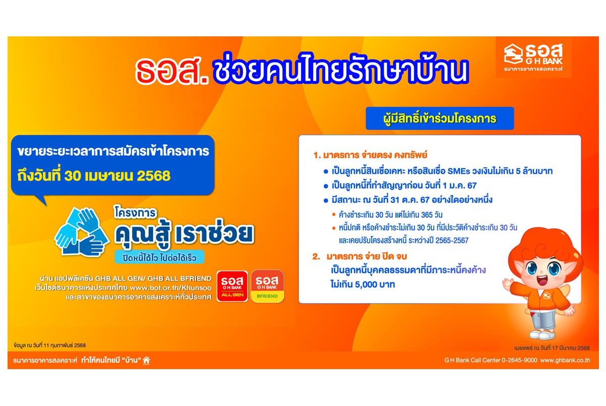 ลูกค้า ธอส. ลงทะเบียนรับความช่วยเหลือผ่าน “โครงการคุณสู้ เราช่วย”  ได้แล้ววันนี้ถึง 30 เม.ย.68 